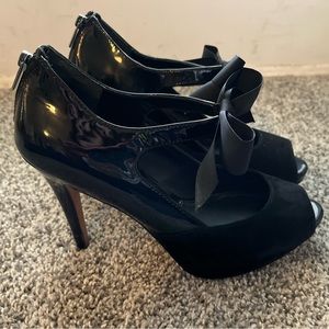 WHBM Patent Leather Suede Heels with Bow Detail